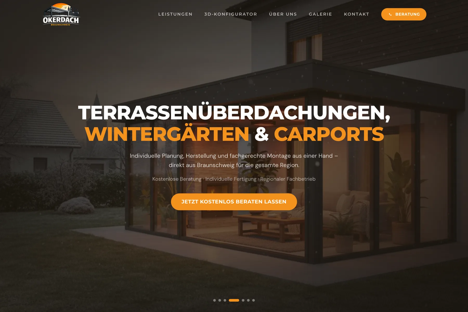 Startseite von Okerdach mit beleuchtetem Terrassendach